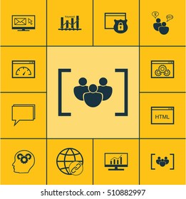 Set Of Advertising Icons On Coding, Brain Process And Connectivity Topics. Editable Vector Illustration. Includes Website, Email, Dynamics And More Vector Icons.