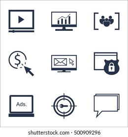 Set Of Advertising Icons On Conference, Video Player And Keyword Marketing Topics. Editable Vector Illustration. Includes Advertising, Click And Pay Vector Icons.