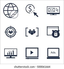 Set Of Advertising Icons On Focus Group, Questionnaire And Connectivity Topics. Editable Vector Illustration. Includes Target, Bulding And Marketing Vector Icons.