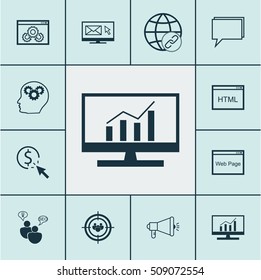 Set Of Advertising Icons On Focus Group, Media Campaign And Conference Topics. Editable Vector Illustration. Includes Plan, Audience, Matching And More Vector Icons.