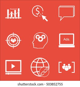 Set Of Advertising Icons On Keyword Optimisation, Video Player And Conference Topics. Editable Vector Illustration. Includes Ranking, Video And Brain Vector Icons.