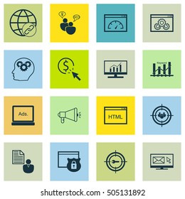 Set Of Advertising Icons On Keyword Optimisation, Brain Process And Loading Speed Topics. Editable Vector Illustration. Includes Page, Pay And Client Vector Icons.