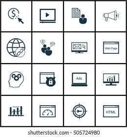 Set Of Advertising Icons On Keyword Marketing, Connectivity And Video Player Topics. Editable Vector Illustration. Includes Display, Plan And Video Vector Icons.