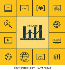 Set Of Advertising Icons On Keyword Marketing, Coding And Focus Group Topics. Editable Vector Illustration. Includes Audience, Optimization, Email And More Vector Icons.