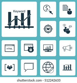 Set Of Advertising Icons On Keyword Optimisation, SEO Brainstorm And Questionnaire Topics. Editable Vector Illustration. Includes Website, Bulding, Community And More Vector Icons.