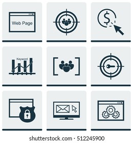 Set Of Advertising Icons On Keyword Optimisation, Questionnaire And Website Performance Topics. Editable Vector Illustration. Includes Pay, Newsletter, Ranking And More Vector Icons.