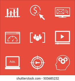 Set Of Advertising Icons On Loading Speed, Keyword Optimisation And Brain Process Topics. Editable Vector Illustration. Includes Ranking, Plan And Video Vector Icons.