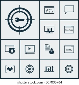 Set Of Advertising Icons On Loading Speed, Keyword Optimisation And Focus Group Topics. Editable Vector Illustration. Includes Protected, Comprehensive, Target And More Icons.