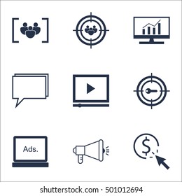 Set Of Advertising Icons On Market Research, Questionnaire And Focus Group Topics. Editable Vector Illustration. Includes Keyword, Marketing And Conference Vector Icons.