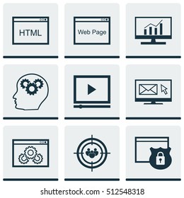 Set Of Advertising Icons On Market Research, Security And Coding Topics. Editable Vector Illustration. Includes Video, Optimization, Analytics And More Vector Icons.