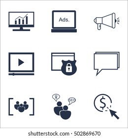 Set Of Advertising Icons On Media Campaign, Security And Video Player Topics. Editable Vector Illustration. Includes Pay, Website And Target Vector Icons.