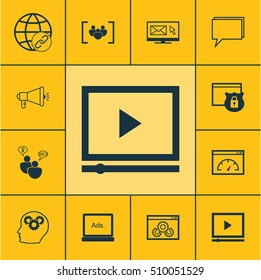 Set Of Advertising Icons On Newsletter, Video Player And SEO Brainstorm Topics