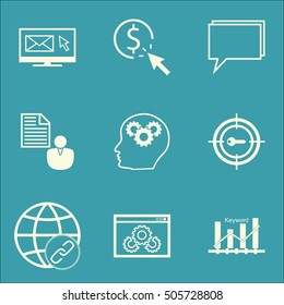 Set Of Advertising Icons On PPC, Keyword Optimisation And Brain Process Topics. Editable Vector Illustration. Includes Conference, Performance And Keyword Vector Icons.