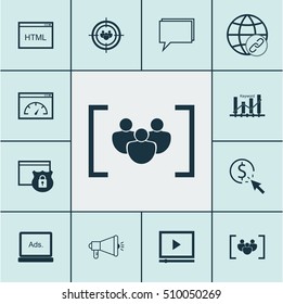 Set Of Advertising Icons On PPC, Media Campaign And Focus Group Topics. Editable Vector Illustration. Includes Video, Optimization, Focus And More Vector Icons.
