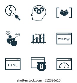 Set Of Advertising Icons On PPC, Keyword Optimisation And Questionnaire Topics. Editable Vector Illustration. Includes Performance, Brain, Consulting And More Vector Icons.