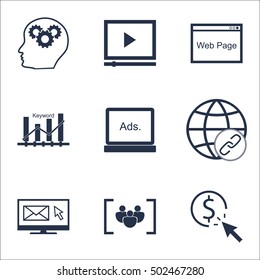 Set Of Advertising Icons On Questionnaire, Website And Brain Process Topics. Editable Vector Illustration. Includes Building, Ranking And Keyword Elements