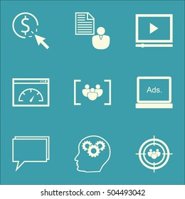 Set Of Advertising Icons On Questionnaire, Brain Process And Focus Group Topics. Editable Vector Illustration. Includes Audience, Digital And Pay Vector Icons.