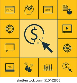 Set Of Advertising Icons On Report, Website And Video Player Topics. Editable Vector Illustration. Includes Optimization, Creativity, Page And More Vector Icons.