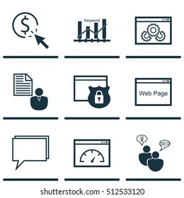 Set Of Advertising Icons On Report, Conference And PPC Topics. Editable Vector Illustration. Includes Client, Protected, Optimization And More Elements