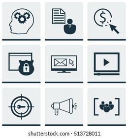 Set Of Advertising Icons On Report, Media Campaign And Brain Process Topics. Editable Vector Illustration. Includes Brain, Viral, Keyword And More Vector Icons.