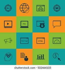Set Of Advertising Icons On Security, Website Performance And Video Player Topics. Editable Vector Illustration. Includes Creativity, Marketing And Pay Vector Icons.