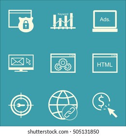 Set Of Advertising Icons On Security, Keyword Optimisation And Website Performance Topics. Editable Vector Illustration. Includes Bulding, Ranking And Digital Vector Icons.