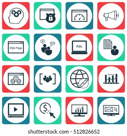 Set Of Advertising Icons On Security, Keyword Optimisation And Media Campaign Topics. Editable Vector Illustration. Includes Dynamics, Consulting, Newsletter And More Vector Icons.
