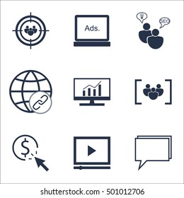 Set Of Advertising Icons On SEO Brainstorm, Connectivity And Digital Media Topics. Editable Vector Illustration. Includes Research, Group And Display Vector Icons.