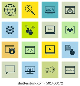Set Of Advertising Icons On SEO Brainstorm, Questionnaire And Market Research Topics. Editable Vector Illustration. Includes Target, Click And Online Vector Icons.