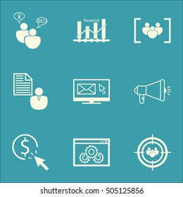 Set Of Advertising Icons On SEO Brainstorm, Website Performance And Media Campaign Topics. Editable Vector Illustration. Includes Audience, Ranking And Viral Vector Icons.