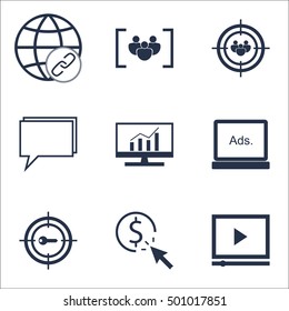 Set Of Advertising Icons On Video Player, Conference And Market Research Topics. Editable Vector Illustration. Includes Consulting, Click And Per Vector Icons.