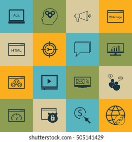 Set Of Advertising Icons On Video Player, PPC And Security Topics. Editable Vector Illustration. Includes Brain, Consulting And Comprehensive Vector Icons.