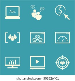 Set Of Advertising Icons On Video Player, Questionnaire And Focus Group Topics. Editable Vector Illustration. Includes Dynamics, Speed And Performance Vector Icons.