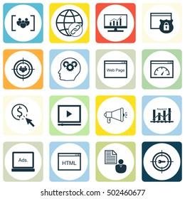 Set Of Advertising Icons On Website, Keyword Optimisation And Market Research Topics. Editable Vector Illustration. Includes Dynamics, Focus And Digital Vector Icons.