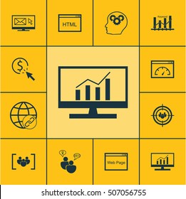 Set Of Advertising Icons On Website, Keyword Optimisation And Questionnaire Topics. Editable Vector Illustration. Includes Plan, HTML, Link And More Vector Icons.