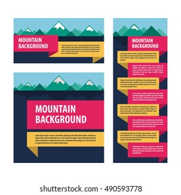 Set of advertising layout templates with a picture of mountains and tags. Trendy geometric shapes, bright modern colors. Vector illustration.