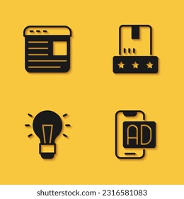Set Advertising, Light bulb and Consumer product rating icon with long shadow. Vector