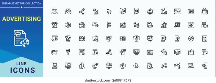 Set of Advertising line icon. Includes thin line symbols business, digital marketing, market, mobile, marketing and more. Perfect for logos and infographic. Online Marketing icon set.