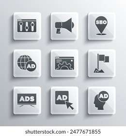 Set Advertising, Location marker, Browser setting,  and SEO optimization icon. Vector