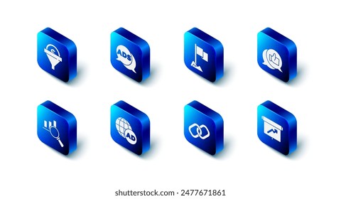 Set Advertising, Location marker, Customer product rating, Board with graph chart, Chain link, Magnifying glass and analysis and Lead management icon. Vector