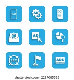 Establecer publicidad, marcador de ubicación, vidrio y análisis de aumento, optimización de SEO, correo electrónico de correo, ventana del navegador e icono. Vector