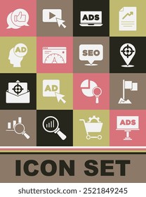 Set Advertising, Location marker, Target sport, Website statistic, Customer product rating and SEO optimization icon. Vector