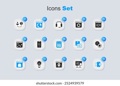 Set Advertising, Magnifying glass and mobile, Worldwide, Online shopping on screen, Mobile with dollar, Time management, Human money and Calculator icon. Vector