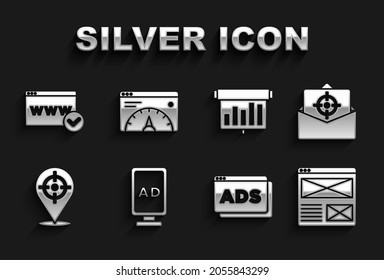 Set Advertising, Mail and e-mail, Browser window, Target sport, Board with graph chart, Website template and statistic icon. Vector