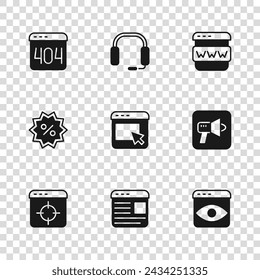Set Advertising, Megaphone, Personal information collection, Browser window, Page with 404 error, Headphones and Discount percent tag icon. Vector