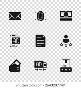 Set Advertising on truck, Consumer product rating, File document, Stacks paper money cash, Mail and e-mail, Diamond and  icon. Vector