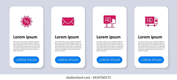 Set Advertising on truck, Mail and e-mail and Discount percent tag. Business infographic template. Vector