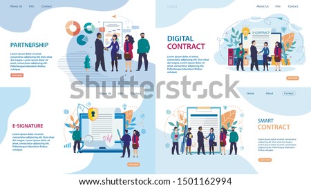 Set Advertising Poster E-signature  Lettering. Banner Smart Contrac, Partnership, Digital Contract. Favorable Working Conditions. Conclusion Cooperation Agreement. Vector Illustration.