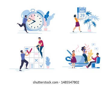 Set Advertising Poster Time Management Cartoon. Statement Problem and Work on Result. Employees Plan their Working Hours with Help Calendar. Guy Holds Clock Hand. Vector Illustration.