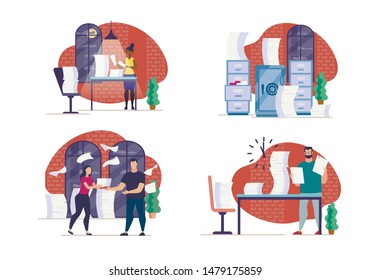 Set Advertising Poster Work with Documents Flat. Woman and Man Late in Evening Consider Documents in Office. Paperwork and Archiving. Equipment for Storing Documents. Vector Illustration.